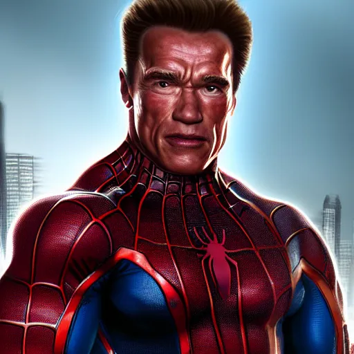 Image similar to Arnold Schwarzenegger as spiderman , muscle extremely detailed, fantastic details,, trending on artstation, pixiv, cgsociety, hyperdetailed Unreal Engine 4k 8k ultra HD, WLOP