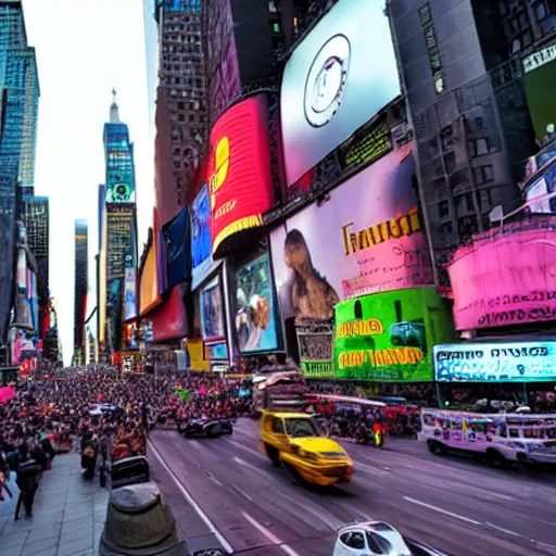 Prompt: Flying saucer flying around abducting people in times square