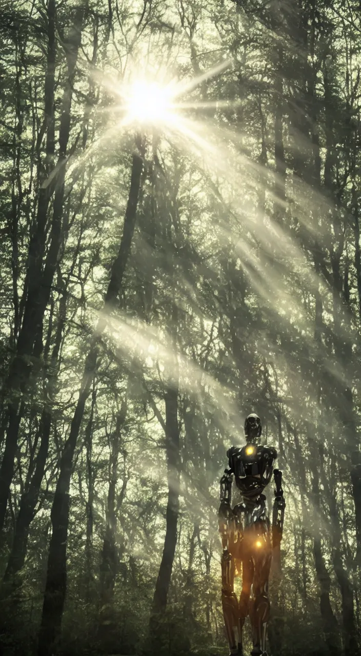 Image similar to a robot portrait in a movie, forest, cinematic shot, sun beams