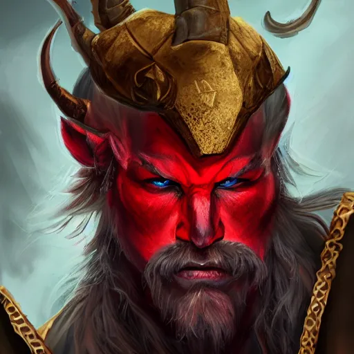 Image similar to dnd style portrait of a tiefling, male, red scales, red skin, a big black beard, completely golden eyes, 2 black ram horns growing out of his forehead,