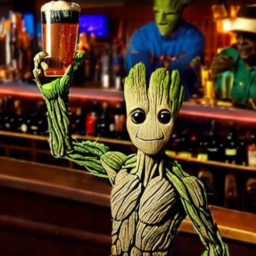 Image similar to groot at a bar, drinking beer