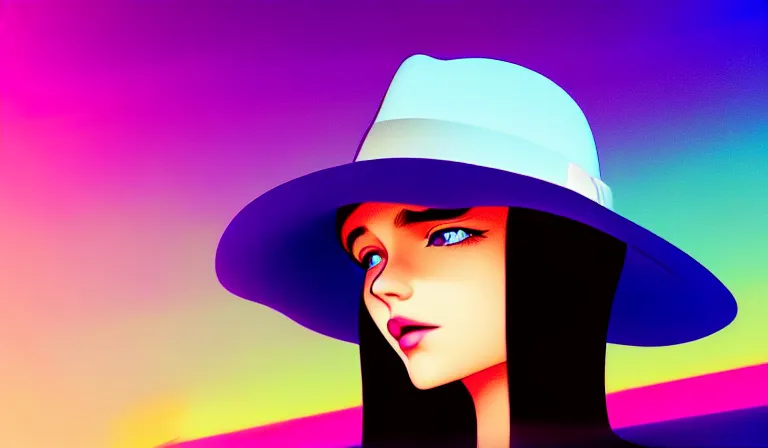 Image similar to a beautiful and immaculate young teenager girl with fedora hat. synthwave. outrun style. trending on artstation. recommended for you behance. by chris moore. by edward hopper. metropolis filmic. gotham city.