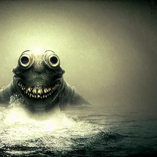 Image similar to sea monster about to eat pov underwater, neutral expression, have submerged, pale skin, dark yellowish water, foggy water, dark, dramatic,'silent hill ', big eyes, alluring and terrifying, cinematic