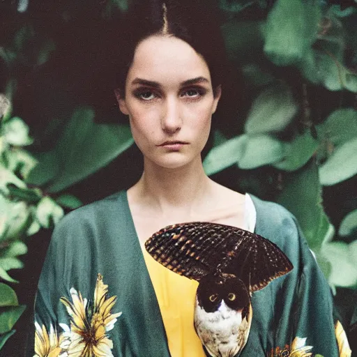 Prompt: head to shoulder portrait Polaroid film photograph of an elegant top model wearing a yellow kimono with a very detailed barn owl on her shoulder!!! in a tropical greenhouse. looking at the camera!!. super resolution. Polaroid 600 film. art by Alessio albi and john william waterhouse .