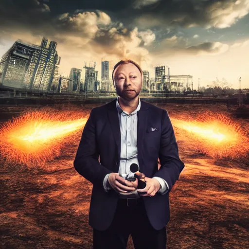 Image similar to limmy brian limond holding element 1 1 5, realistic, wide shot, dramatic lighting, hyper realistic, high quality, highly detailed, hd, beautiful, cinematic, 8 k, unreal engine, facial accuracy, symmetrical,