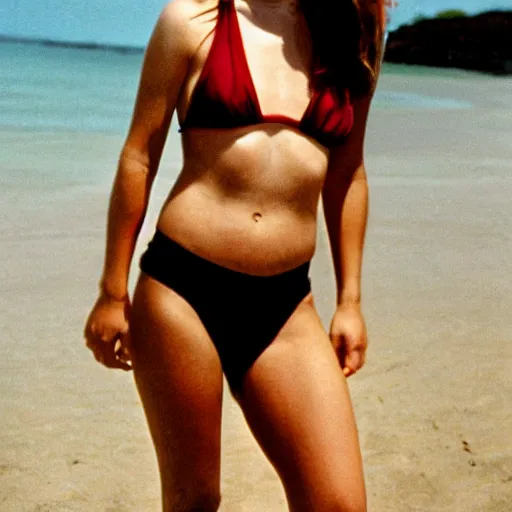 Prompt: young Jennifer Connely wearing a bikini at the beach, professional modeling, 4k