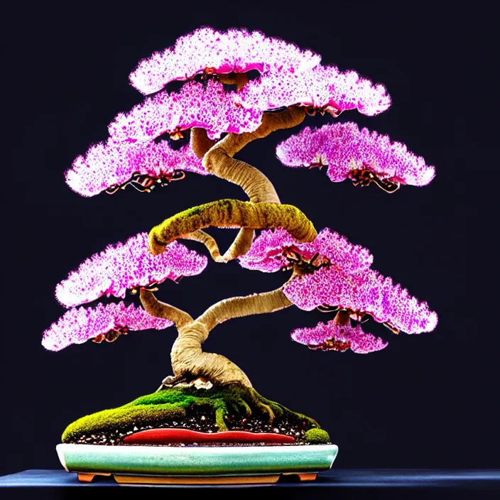 Image similar to extremely psychedelic bonsai made of orchid and cherry blossom tree and mushroom, LSD, diffuse lighting, fantasy, intricate, elegant, highly detailed, lifelike, photorealistic, digital painting, artstation, illustration, concept art, smooth, sharp focus, art by John Collier and Albert Aublet and Krenz Cushart and Artem Demura and Alphonse Mucha