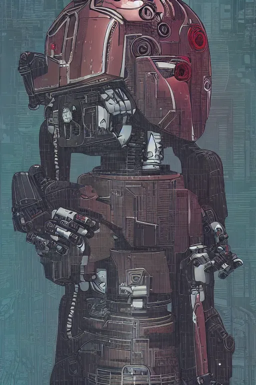 Prompt: robot ninja darth vader, cyberpunk mech is from borderlands and by feng zhu and loish and laurie greasley, victo ngai, andreas rocha, john harris, victo ngai, andreas rocha, john harris