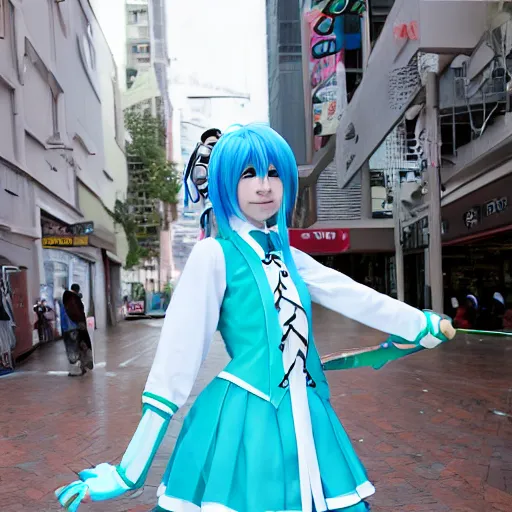 Image similar to Hatsune Miku cosplay, full-length photo, 35 mm