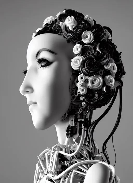 Image similar to black and white dreamy profile face portrait, biomechanical beautiful angelic young female cyborg - robot - doll with long white curly hair, body ribs meshes, volumetric light, hibiscus flowers, rim light, big gothic fashion pearl embroidered collar, 1 9 3 0, 8 k