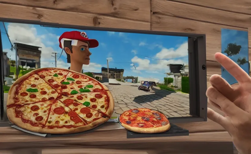 Prompt: fpv pov video game of pizza delivery guy pizza in hand knocking on door, gameplay footage unreal engine, octane, fpv, gameplay screenshot