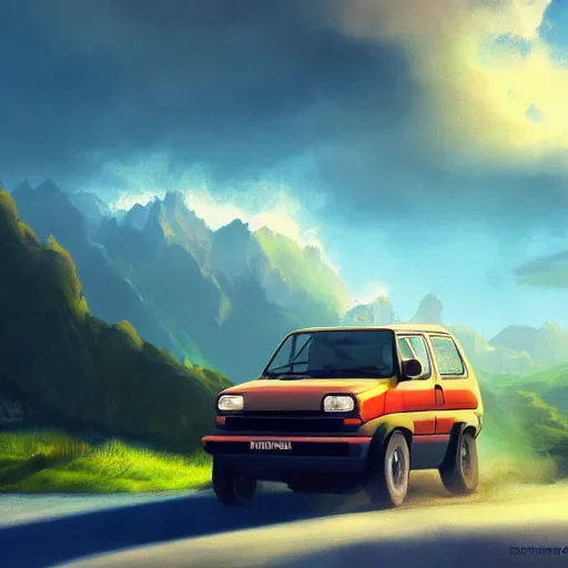 Image similar to blue fiat panda riding in mountains, dramatic light, clouds, artstation, hyper realistic, simon stalenhag