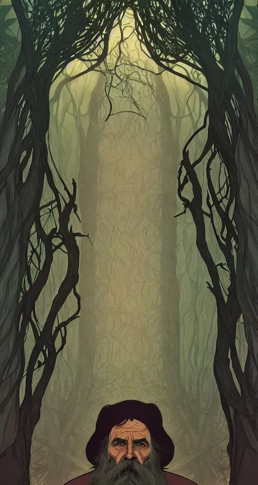 Prompt: a full page landscape of a forest where an old bearded wizard stands looking thoughtful and watching a river of black water, high fantasy digital illustration, by jenny frison and alphonse mucha, intricate details, stunning inking lines, flat colors, 4 k, hd, artstation