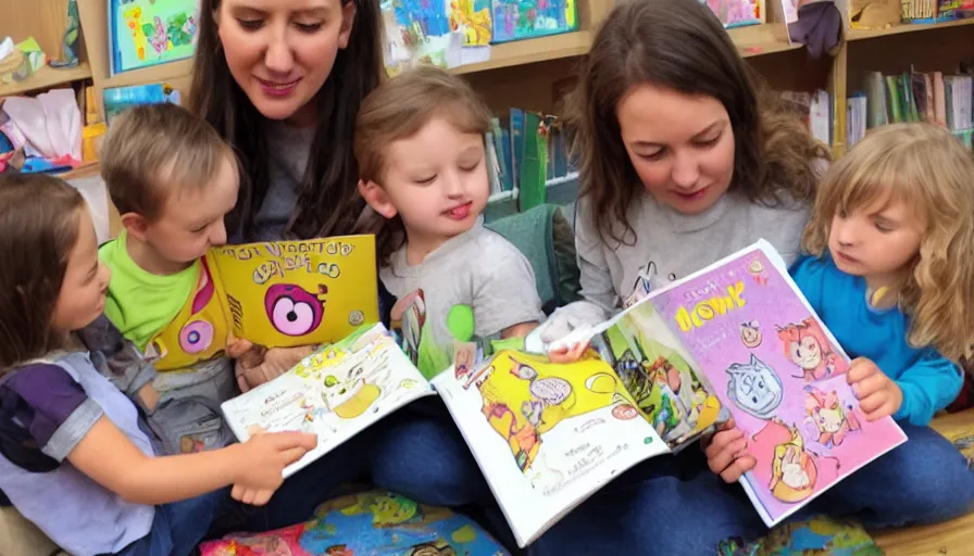 Image similar to kindergarten teacher reading a megg, mogg and owl book to 4 children