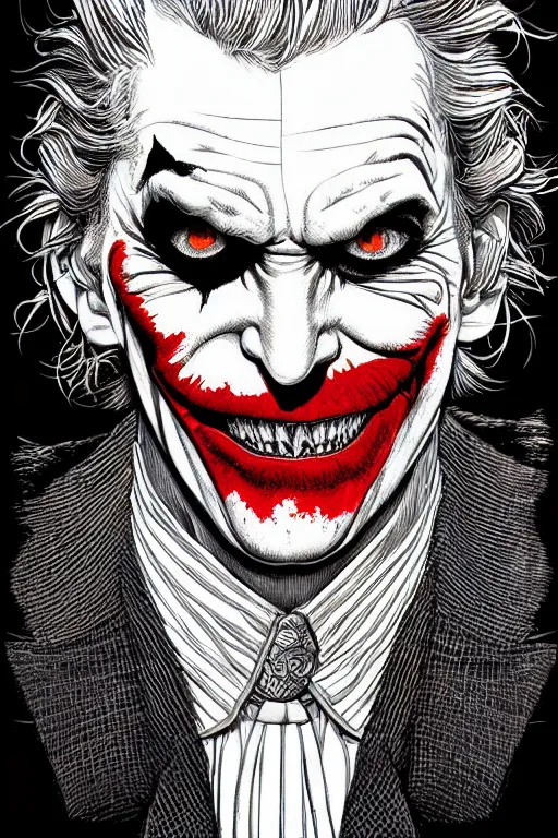 Image similar to colorful!!! joker portrait by laurie greasley and hans bellmer, ( ( etching by gustave dore ) ), ultraclear intricate, sharp focus, highly detailed digital painting illustration, concept art, masterpiece