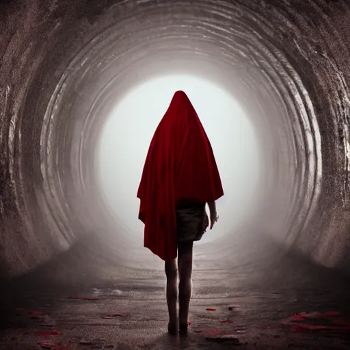 Image similar to a figure covered by red cloth that's blowing in the wind standing in a creepy tunnel with atmospheric light, digital art, concept art, cloth simulation with houdini, octane, redshift, 8 k