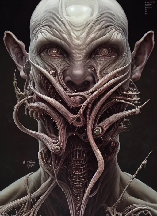 Image similar to symmetry!! portrait of grotesque alien, sci - fi horror, intricate, body horror, dark design, highly detailed, dark dynamic lighting, digital art, digital painting, artstation, smooth, sharp focus, illustration, art by artgerm and h r giger and greg rutkowski and alphonse mucha, 8 k