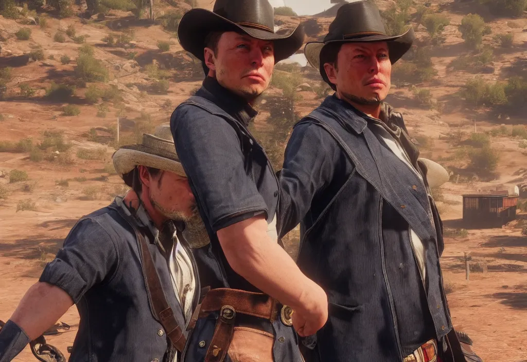 Image similar to elon musk in the red dead redemption 2, elon musk in the video game red dead redemption 2, gameplay screenshot, close up, 3 d rendering. unreal engine. amazing likeness. very detailed.