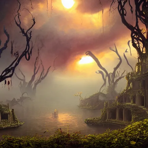 Image similar to An incredibly beautiful but ominous matte painting depicting a profusion of evil carnivorous vines and colorful flowers and lush exotic trees and bloated toadstools, with horrifying huge burning eyes and jagged bloody teeth, overgrowing a desolate ruins submerged in fog beneath the setting sun, nvidia, vray, evening, epic scale