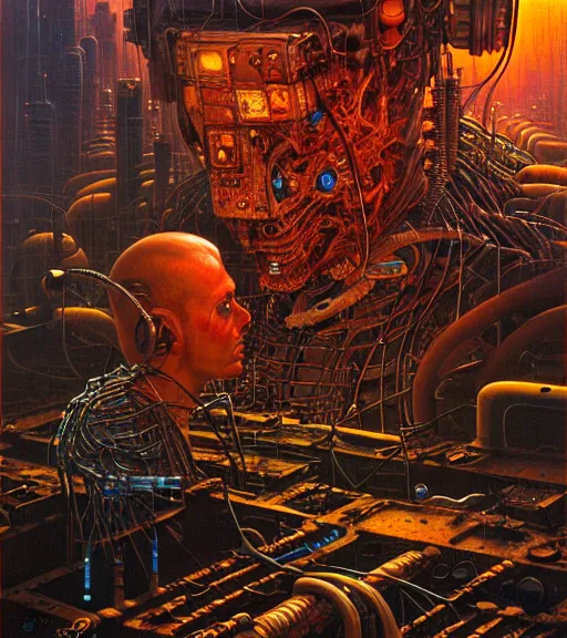 Prompt: portrait of junky men, cybertronic gadgets, flesh with technology, durty colours, rotten textures, rusty shapes, biotechnology, dariusz zawadzki, tim hildebrandt, wayne barlow, bruce pennington, larry elmore, oil on canvas, deep depth field, masterpiece, cinematic composition, hyper - detailed, hd, hdr