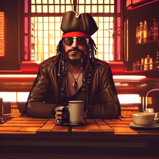 Image similar to a high quality portrait of a pirate in a cyberpunk cafe realism 8k