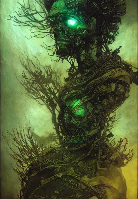Image similar to ( underwater ) portrait of a glowing cyborg leshy, cinematic light, looking to the side off camera, backlight glow, green gold, mist, by mikhail vrubel, by philippe druillet, by peter elson, by gerald brom, muted colors, extreme detail, trending on artstation, 8 k