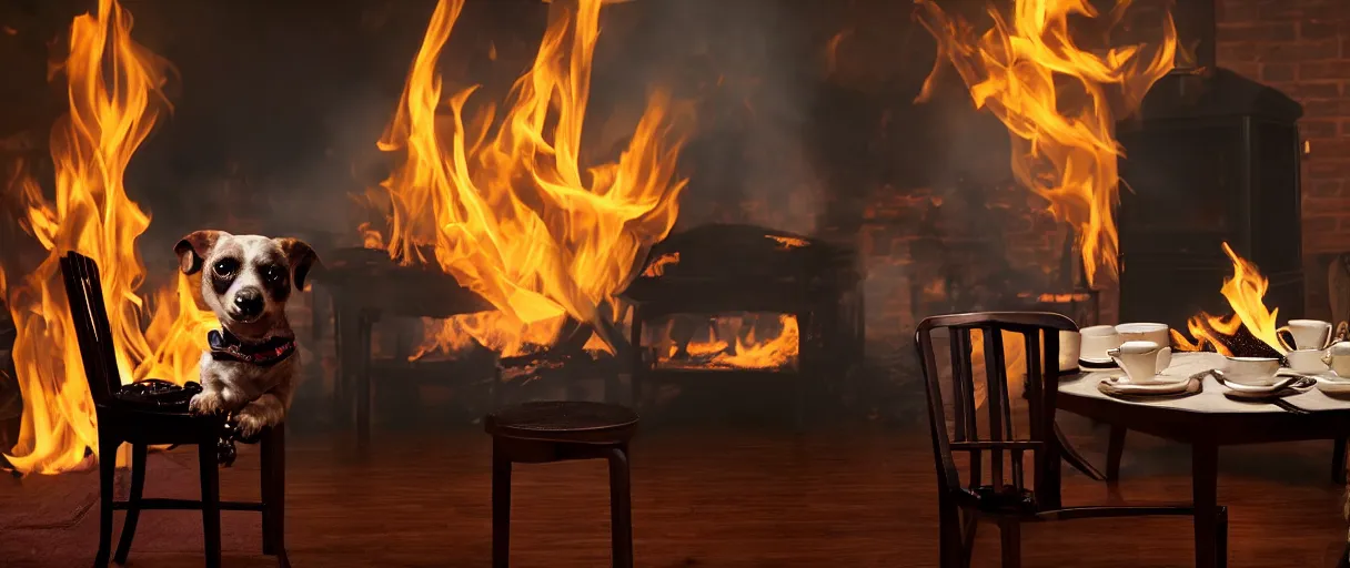 Image similar to a photograph (flash on) of a single anthropomorphic dog sitting on a chair at a dinner table (no fire at all there), very relaxed, surrounded by flames, cup of coffee on the table, huge fire on this dining room in the background, a lot of flames behind the dog, black smoke instead of the ceiling, no watermark