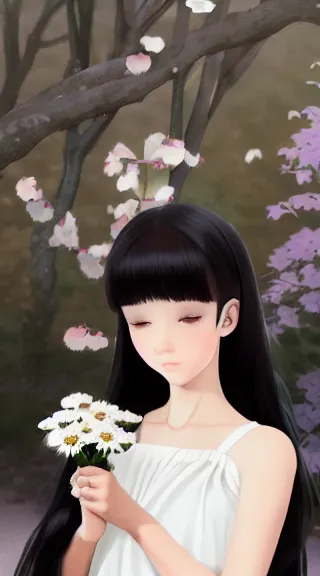 Prompt: little girl with her long black hair dressed in a simple white dress putting flowers on hair, anime art style, digital artwork made by ilya kuvshinov, inspired in balthus, hd, 4 k, hyper detailed