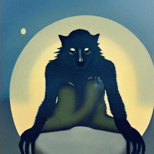 Prompt: a wolfman meditating by karel thole in a surreal portrait style, oil on canvas