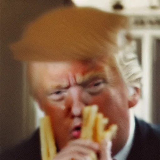 Image similar to Annie leibovitz portrait of Donald Trump, clothed, crying in a bathtub full of French fries