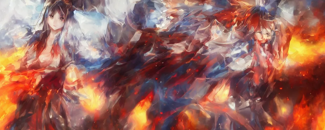 Prompt: advanced digital anime art, a very cute gorgeous teenage girl made of fire and ice with red fiery watery eyes glancing over her left shoulder wearing a dress made of water is walking through an apocalyptic burning city, cinematic lighting, medium shot, mid-shot, trending on pixiv, Artstation, Sakimimichan