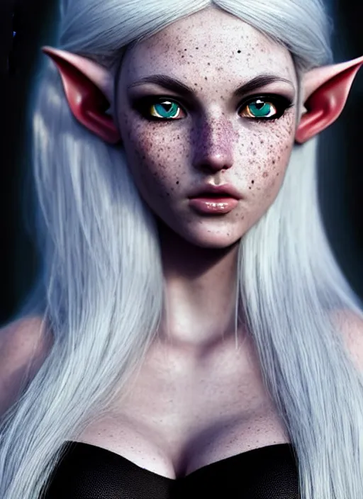 Prompt: a beautiful portrait, black background, gorgeous sexy fantasy elf. sexy black top, professionally retouched, soft lighting, freckles, realistic, smooth face, detailed gorgeous blue eyes, long white hair, cute ears, wide angle, sharp focus on the eyes, 8 k high definition, insanely detailed, intricate, elegant, sexy, beautiful, art by artgerm and wlop