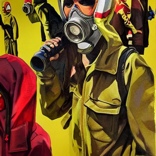 Prompt: detailed details photorealistic saints gang photo group, theyre using gas mask, other using saints mask, theyre wear yellow and red hoodie, theyre leader regularly uses red in the style of bob peak and alex ross, gouache and wash paints color, detailed details facial and body and human and environments and proportionate, detailed 5 k details.