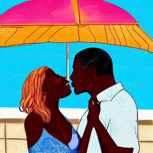 Image similar to african american man and blonde white woman kissing in the rain at a pool. digital art