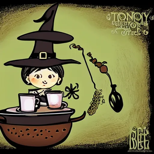 Image similar to an adorable kitchen witch brewing coffee in a cauldron, bokeh swirling steam, children's book illustration by Tony DiTerlizzi