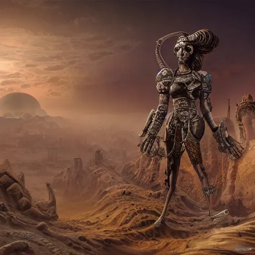 Image similar to epic view of an ancient Desert surrounded by clouds, Portrait of a Giant imposing biomechanical Genie covered in jewels, ornate, Beautiful biomechanical Genie, full of strange statues and murals, full of smoke and dust, hyper real, Indiana Jones, Tomb Raider, trending on artstation, concept art, cinematic, jewels, by Greg Rutkowski