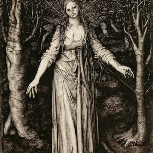 Prompt: a witch in a white dress, with hooves and wings, stands in a gloomy forest and looks at me, centered, high detailed, wikiart, drawn by durer