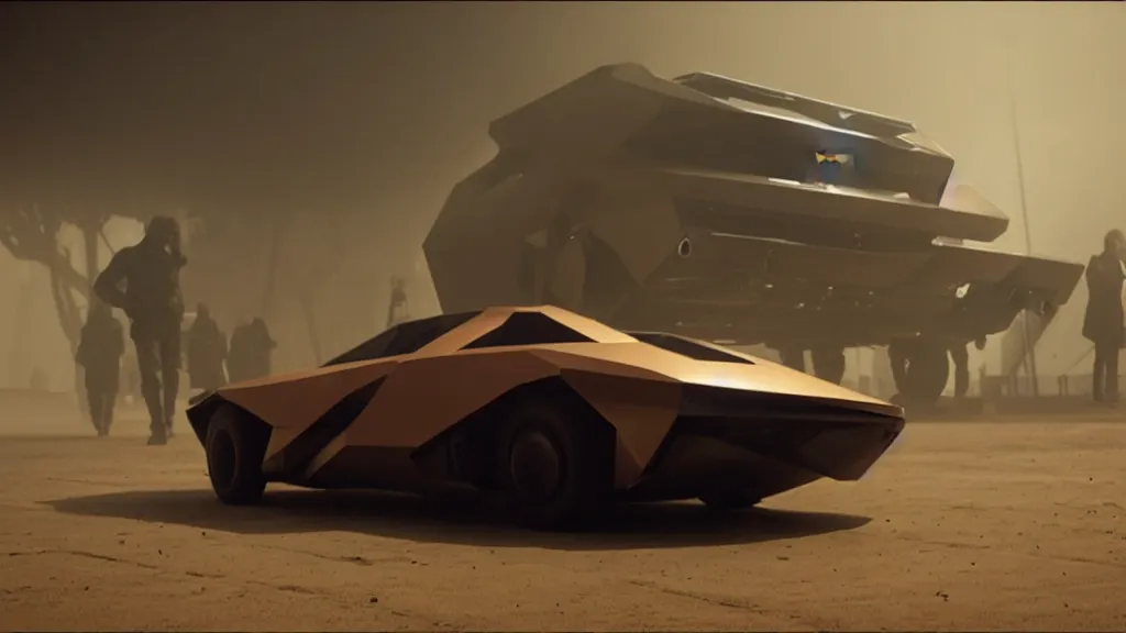 Image similar to A futuristic police car from Blade Runner 2049, film still from the movie directed by Denis Villeneuve with art direction by Salvador Dalí, wide lens