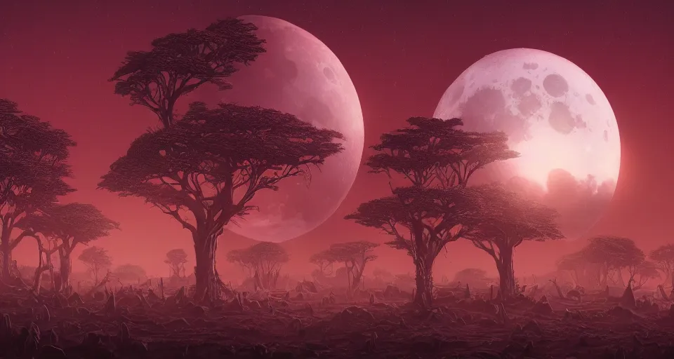 Image similar to An intricate hyperrealistic matte painting the blood moon, by Dan Mumford and Mœbius and Amir Zand, unreal engine, circular, spherical, trending on artstation, tree, detailed, red