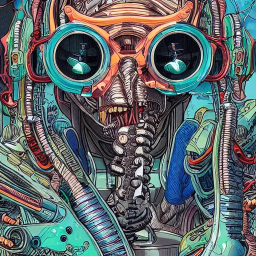 Prompt: hyper detailed comic illustration of a cyberpunk xenomorph wearing futuristic sunglasses and a gorpcore jacket, by Josan Gonzalez and Geof Darrow, intricate details, vibrant, solid background, low angle fish eye lens