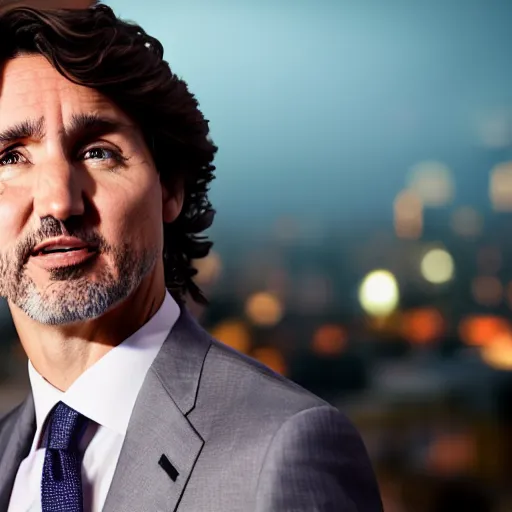 Prompt: a still of Justin Trudeau. He's wearing a dark suit. Studio lighting, Close. shallow depth of field. Professional photography City at night in background, lights, colors,4K