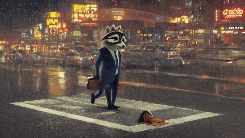 Prompt: An anthropomorphic raccoon businessman is walking down a busy crosswalk at in the rain at night, warm lighting with an orange glow blanketing the cityscape from the city lights, zootopia, other anthropomorphic characters are walking by him, extremely detailed, HDR, sideview, solemn and moody, many cars and animal people in the background, detailed face and eyes, large and detailed eyes with visible pupils, the road is wet with many rain puddles, reflections from the water on the ground