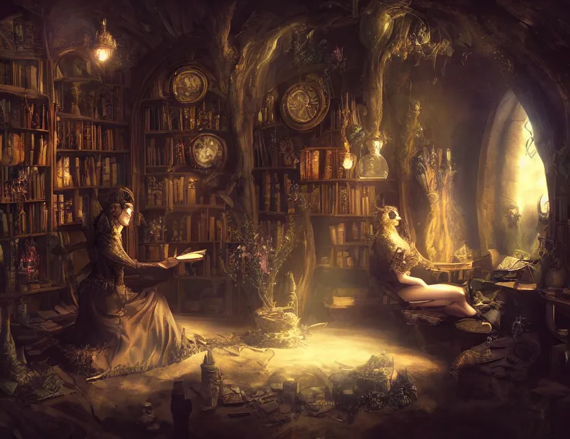 Prompt: faerie magpie in an alchemist's study. this matte painting by the award - winning concept artist has a beautiful composition, dramatic lighting and intricate details.