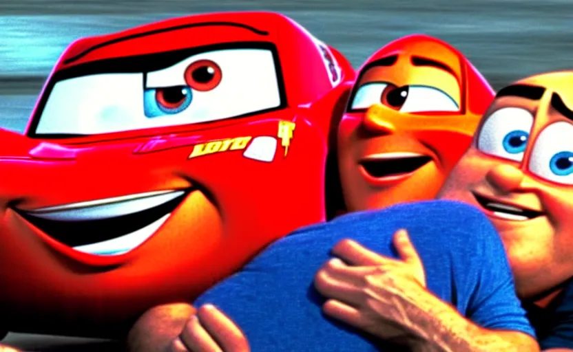 Image similar to lightning mcqueen from cars the movie hugging vin diesel,