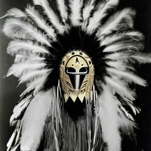 Image similar to vintage photo of futuristic native american shaman mask with chrome scales and gold feather plumes by edward s curtis