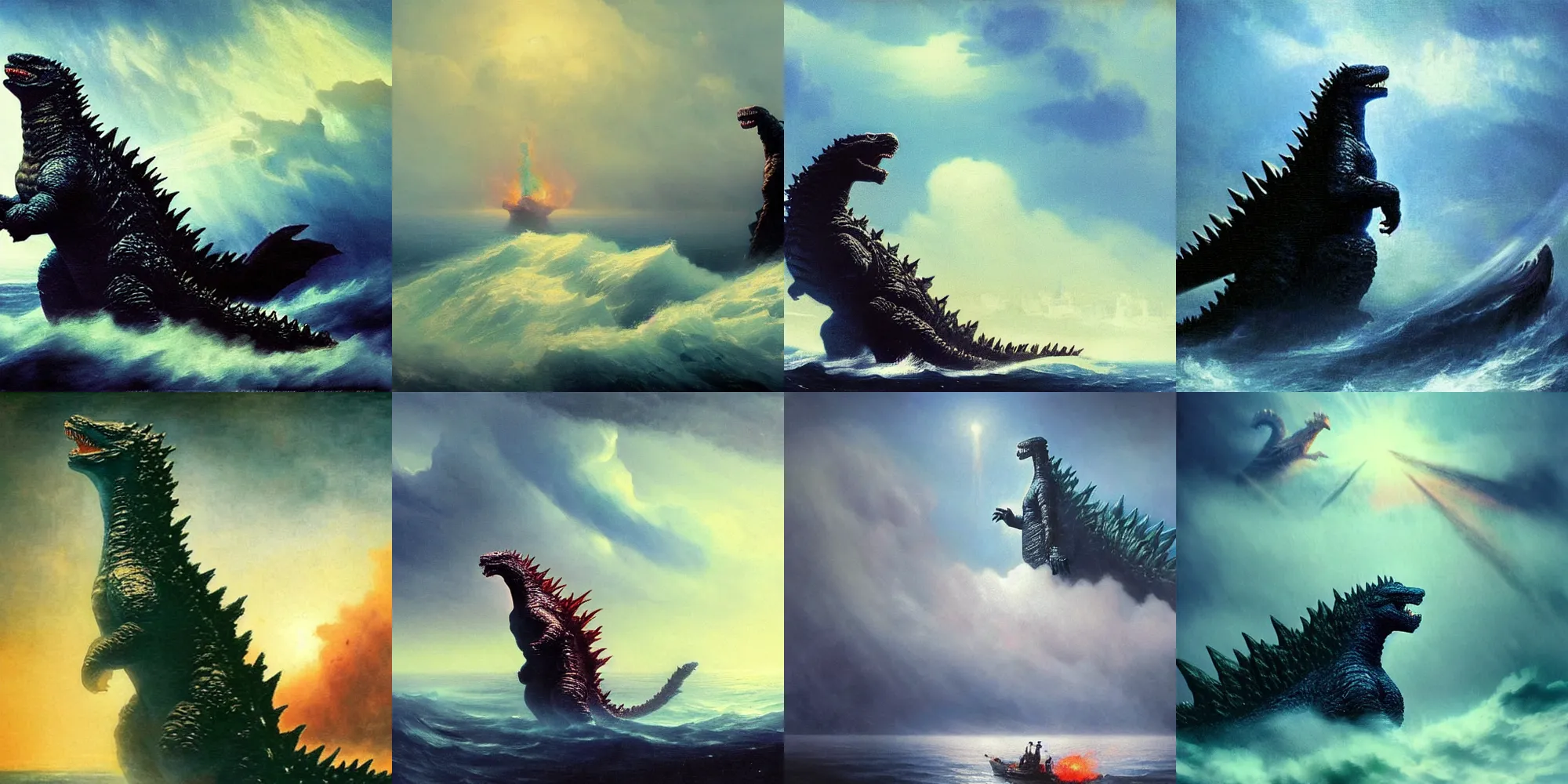 Prompt: godzilla movie in aivazovsky style