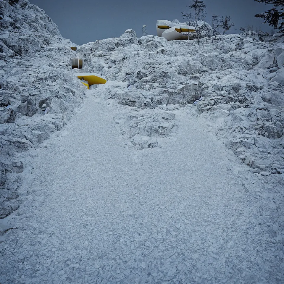 Image similar to a road leading to a mid-century modern house on top of a cliff in the arctic, covered with snow, designed by Frank Gehry, with a long pathway toward it. Big tiles. Film grain, cinematic, yellow hue