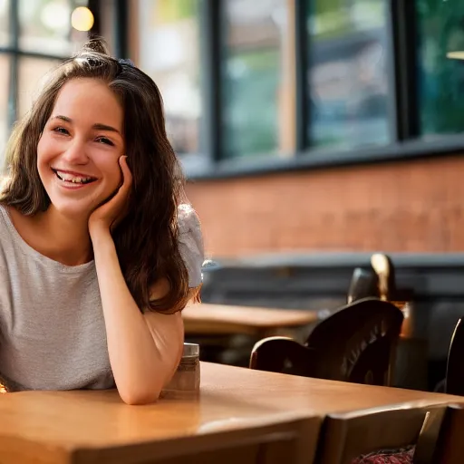 Prompt: a young woman smiling while listening to music in a coffee shop, impressionist style, 4 k,