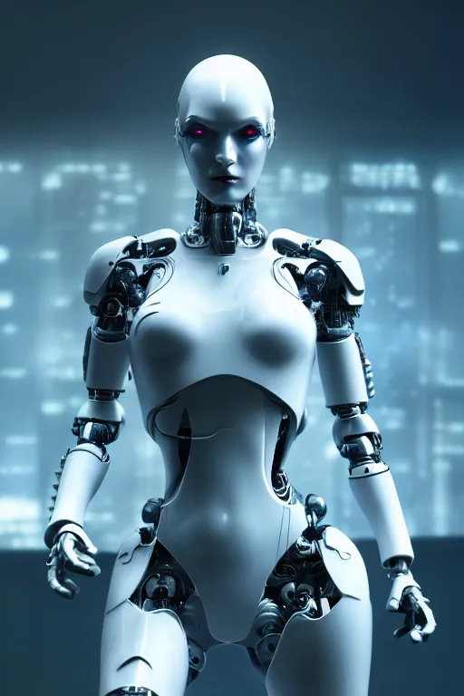 Image similar to cinematic shot of a cyborg woman with a porcelain body, perfect body, athletic, delft porcelain, led details, blade runner, ghost in the shell, futuristic, 8 k resolution, hyperdetailed, beautiful lighting, octane rendered, poser, photorealistic, exquisite details