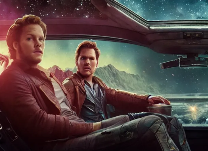 Image similar to a very high resolution image from a new movie, starlord. inside of a car. mountains, falling stars, directed by wes anderson